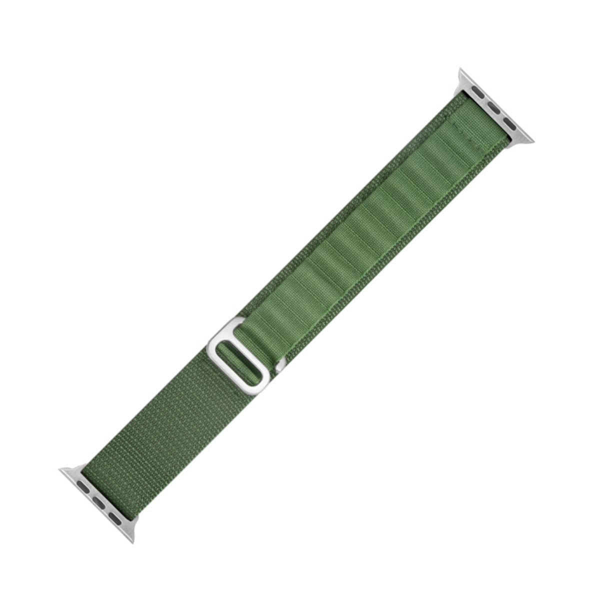 Green Mountain Series Nylon Apple Watch Band laid flat, showcasing its durable nylon weave and adjustable buckle for a secure fit.